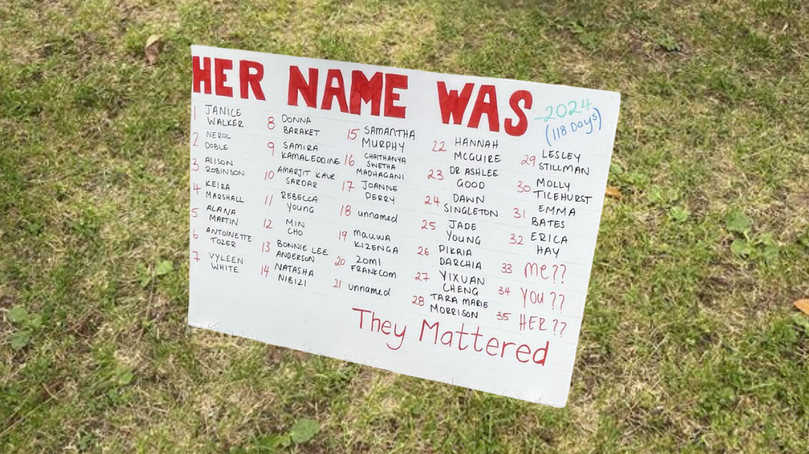 An image of a sign from the No More: Rally against Men's Violence that lists the names of the 32 Australian women known to have died by men's violence in the first 118 days of 2024. 