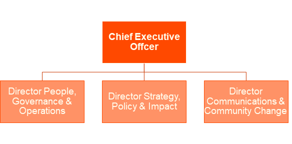 A flow chart demonstrating the reporting line of Respect Victoria's Senior Leadership Team. The Chief Executive Officer has three direct reports: the Director People, Governance & Operations; the Director Strategy, Policy & Impact; the Director Communications & Community Change.