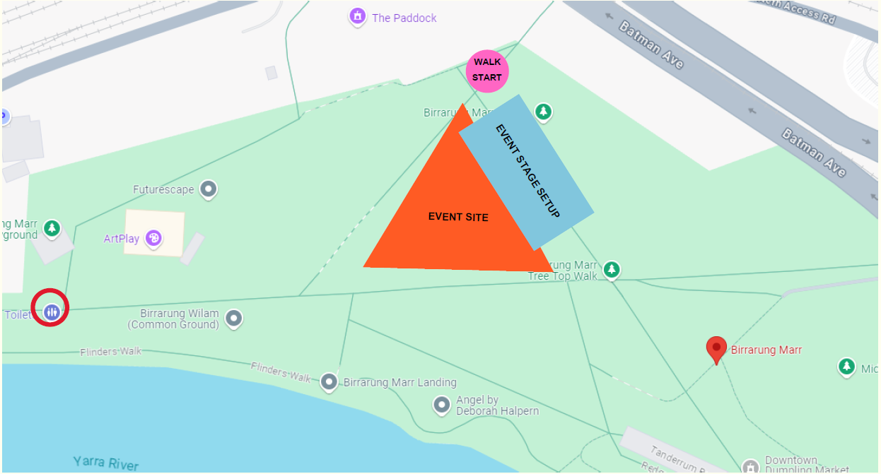 A map of Birrarung Marr with details overlaid. Shows the layout of the event site, including the designated stage and Walk starting point.