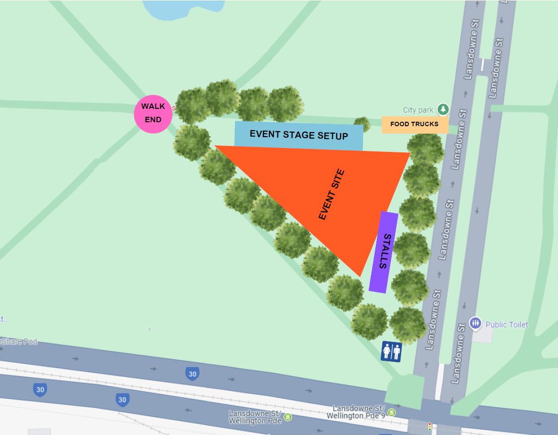 Site map of Treasury Gardens overlaid with indications of where the stage, market stalls, food trucks and portable toilets will be.