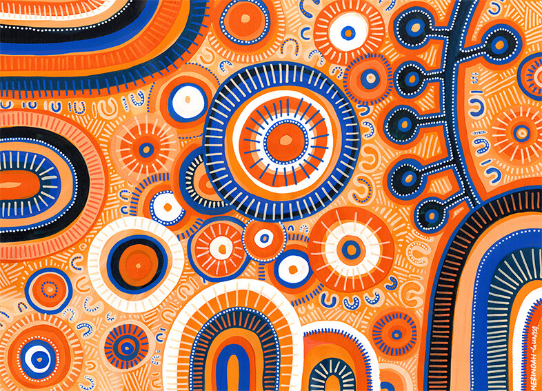 Contemporary Aboriginal art by Merindah-Gunya, Bayley Mifsud. The artwork (meaning described in the text below) is predominantly orange, with blue, black and white accents.